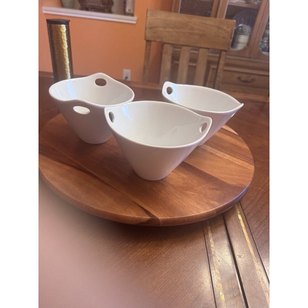 Crate & Barrel Bowls Set Of 2 Fine White Porcelain Handled Multi-Use